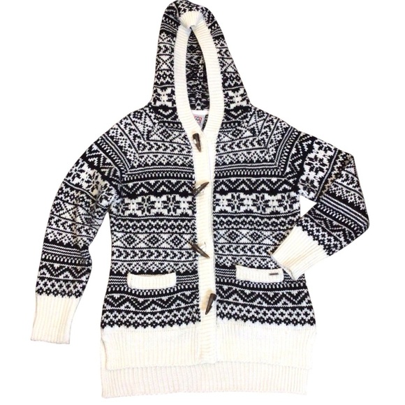 Avalanche Womens Size M Black White Fair Isle Hooded Toggle Cardigan Sweater - Picture 3 of 9
